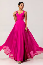 Fuchsia A Linie Wandelbares Chiffon Langes Brautjungfernkleid mit Schlitz